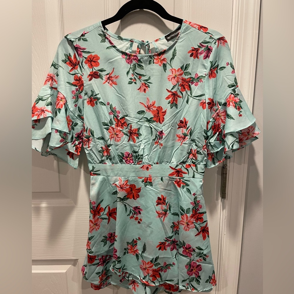 PLT Mint Floral Print Frill Sleeve Tie Back Romper